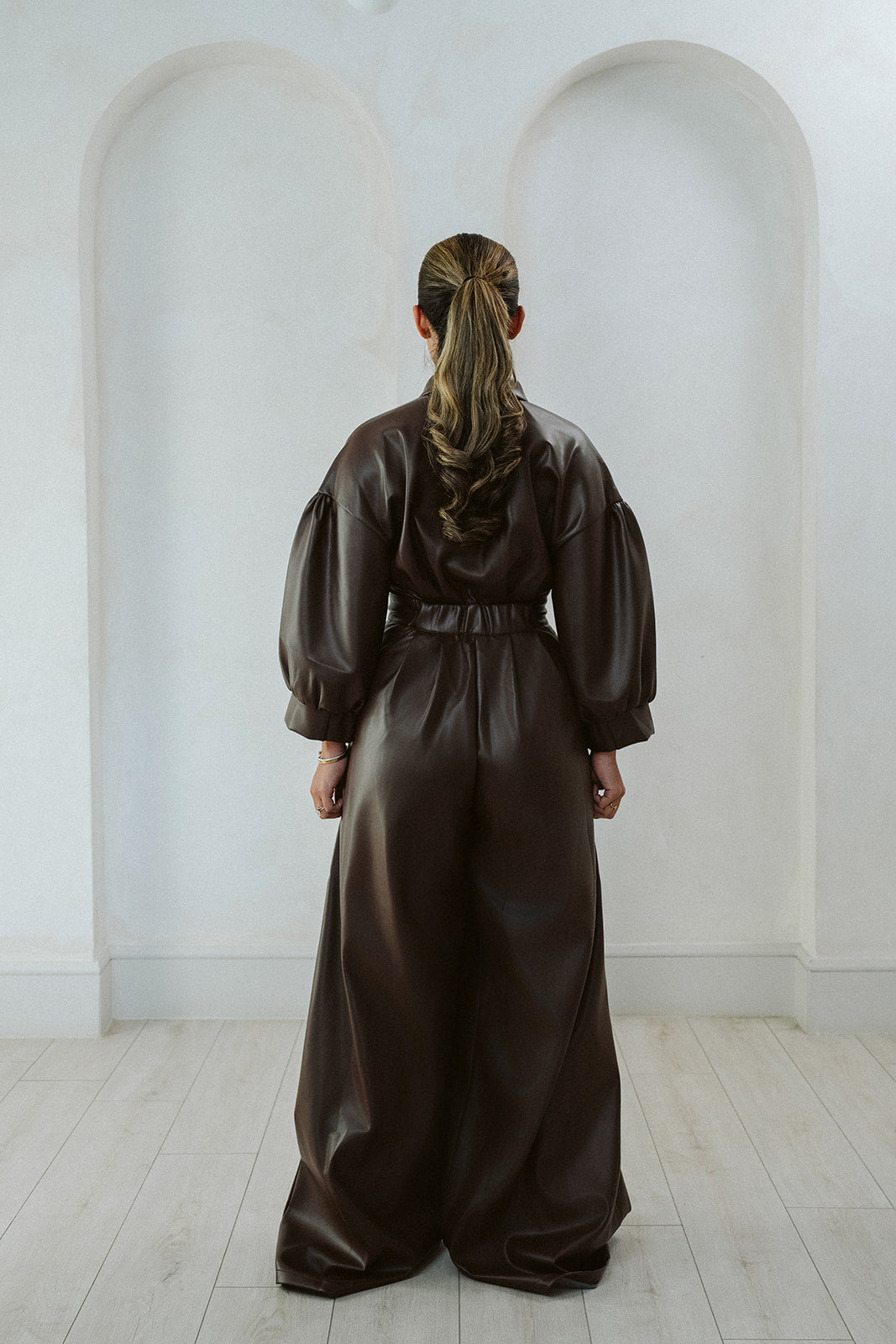 Sloan Vegan Leather Wide Leg Jumpsuit – Long Sleeve One Piece