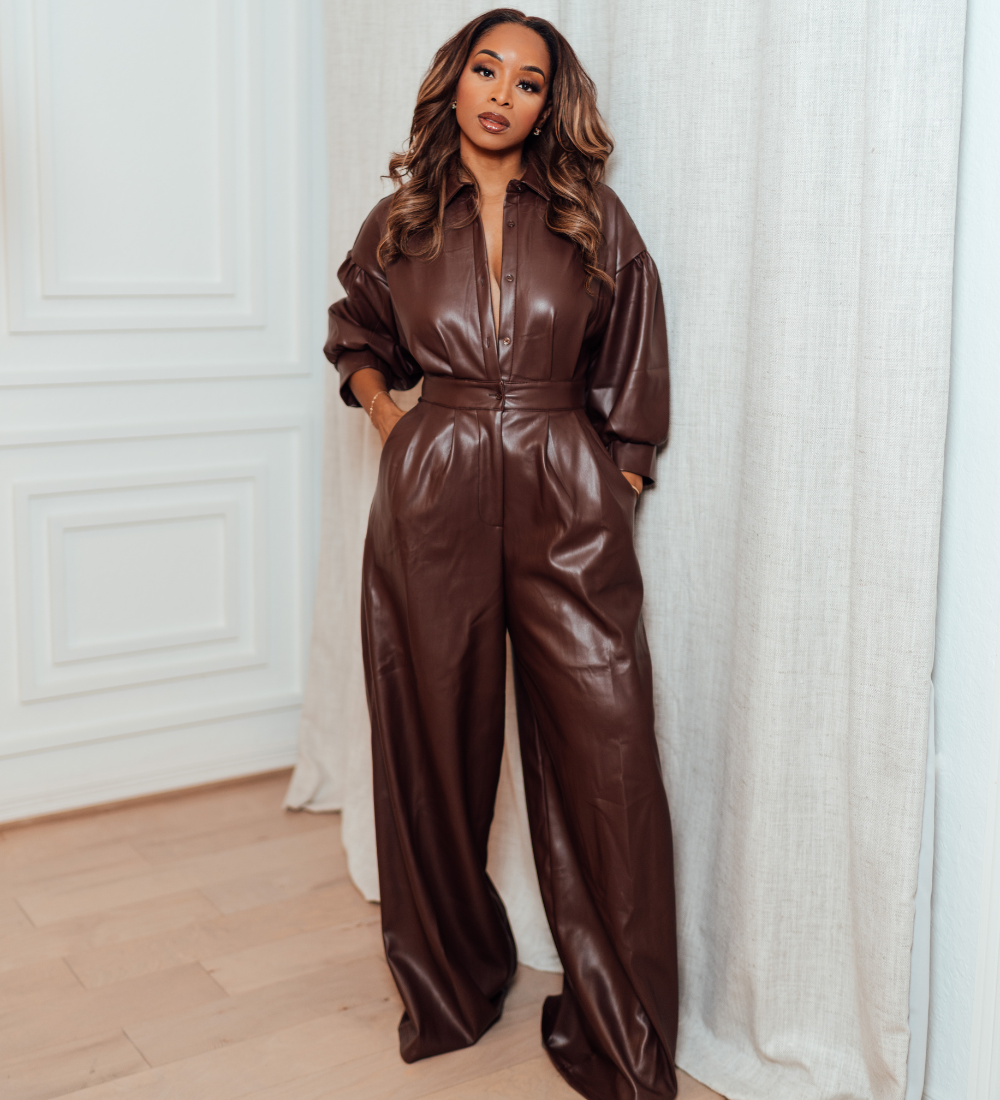 Sloan Vegan Leather Wide Leg Jumpsuit – Long Sleeve One Piece